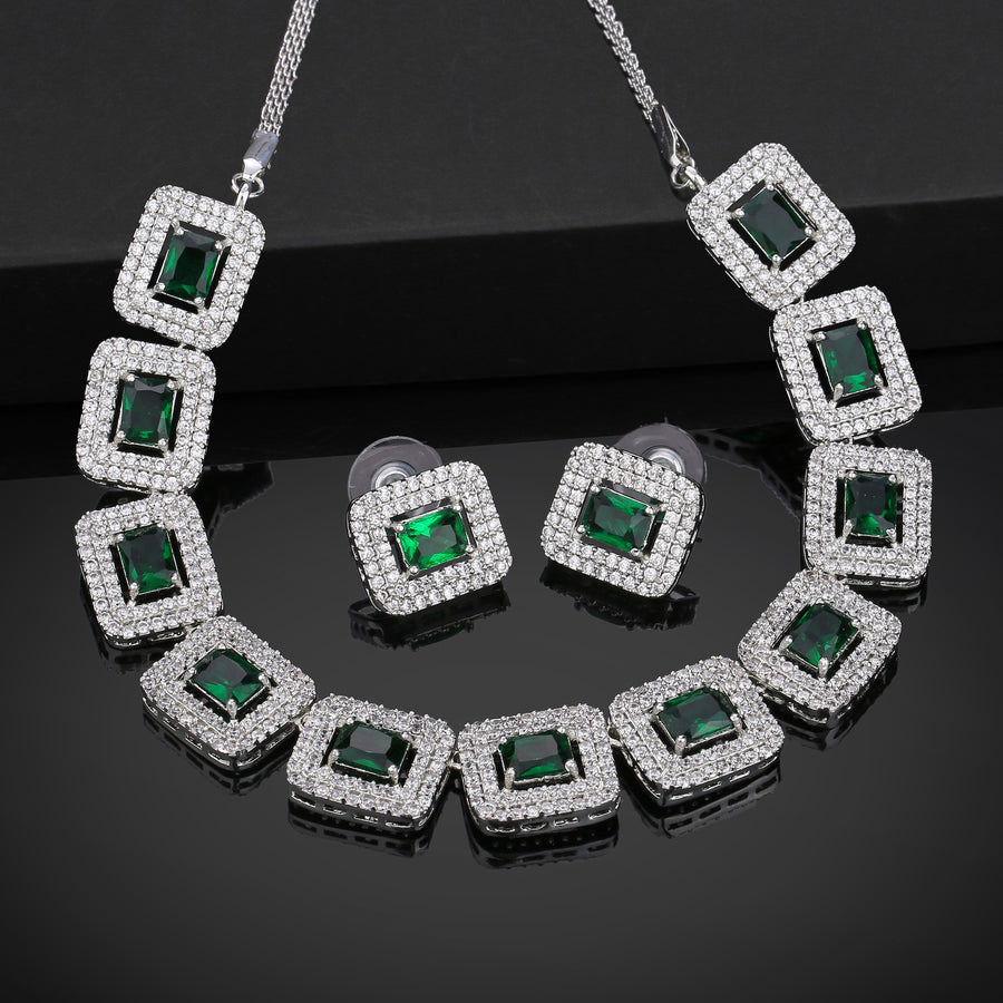 Beautiful Estele Women's Necklace Set with Rhodium Plated CZ and White and Green Crystals
