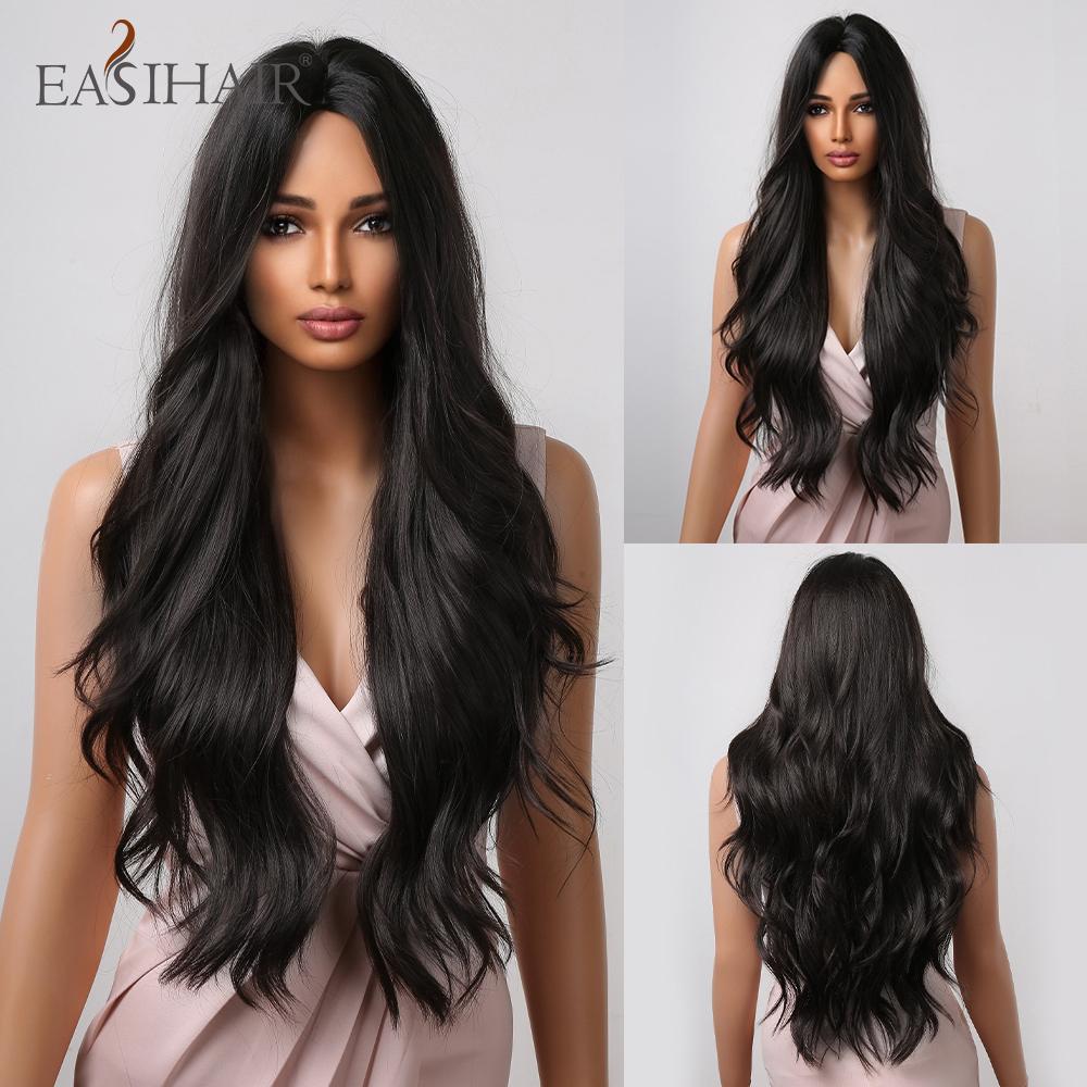 Long Black Synthetic Wigs Middle Part for Black Women Wavy Cosplay Hair Wigs Heat Resistant Fiber
