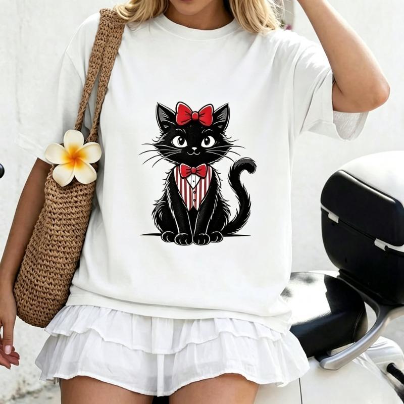 Cartoon Black Cat Bow Graphic Tee Casual Summer Short Sleeve Oversized T Shirt Cute Kitten Print Street Unisex Y2k Top Harajuku