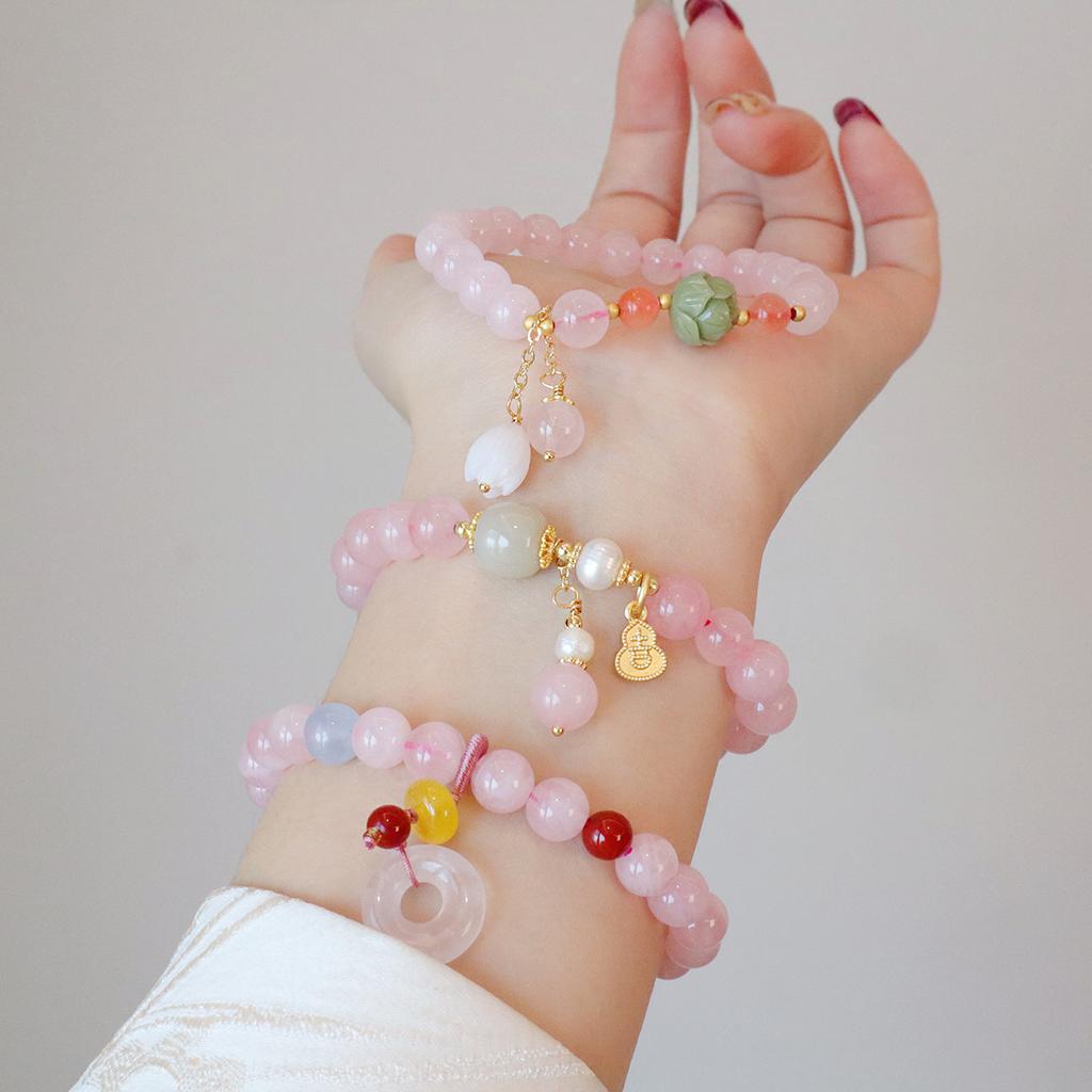 Natural Madagascar Pink Crystal Bracelet Women's Fashion Bangle Lotus Gourd Bracelet Girl Jewelry