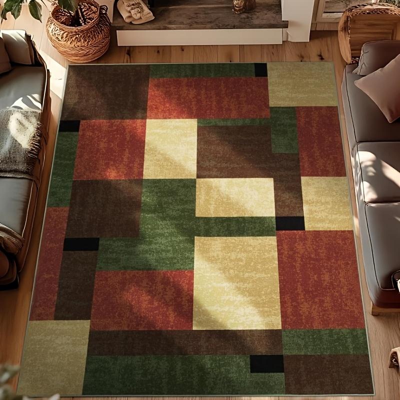 Vintage Geometric Triangle Area Rug, Non-Slip Washable Mid-Century Carpet, Rustic Terracotta & Teal Print Floor Mat Decor
