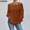 Women Autumn Off Shoulder Long Sleeve Solid Color Pullover Sweaters