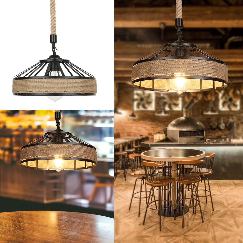 Industrial Hemps Rope Pendants Light Basket Rustic Chandelier Vintage Ceiling Lamp Iron Metal