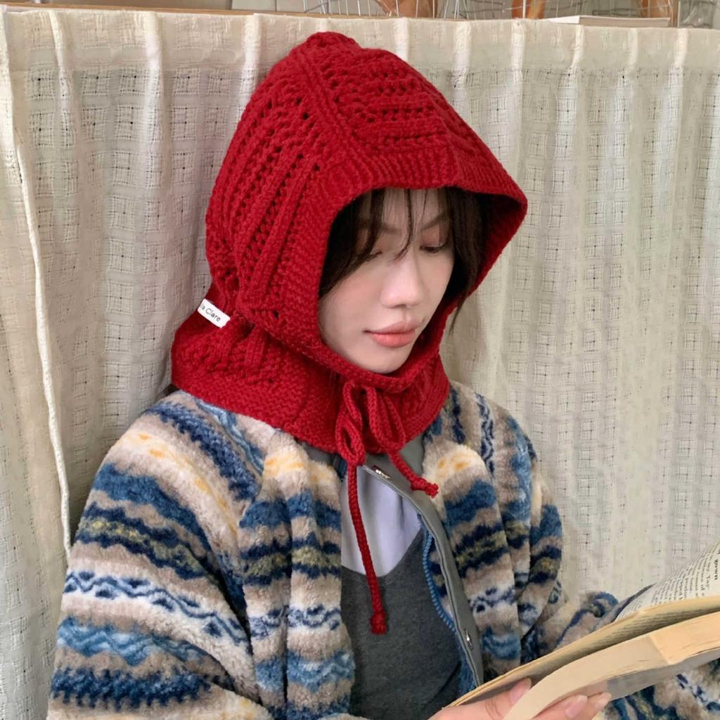 Hollow drawstring balaclava hat hooded scarf integrated knitted hat winter warm wool hat thickened