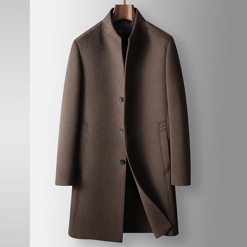 Мужское шерстяное пальто осенне-зимнее длинное с воротником-стойкой, с отстегивающимся белым гусиным пухом, для среднего и молодого возраста, двухсторонний твидовый тренчкот