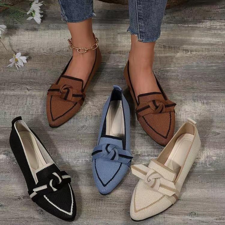 Women's Knitted Slip On Flats Breathable Comfortable Solid Color Walking Shoes Casual Pointed Toe Shoes