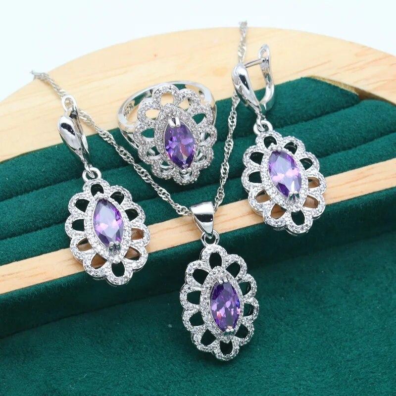 Фиолетовый аметист серебро 925 пробы комплект ювелирных изделий для женщин серьги ожерелье кулон кольцо браслет вечерние подарок на день рождения