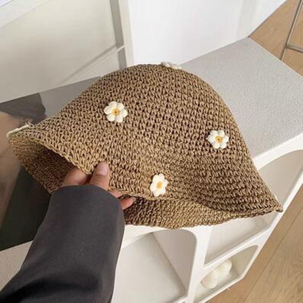 Cap Handmade Weave Sunscreen Beach Hat Flower Flat Hat Sun Protection Straw Hat Sun Hat Sun Cap