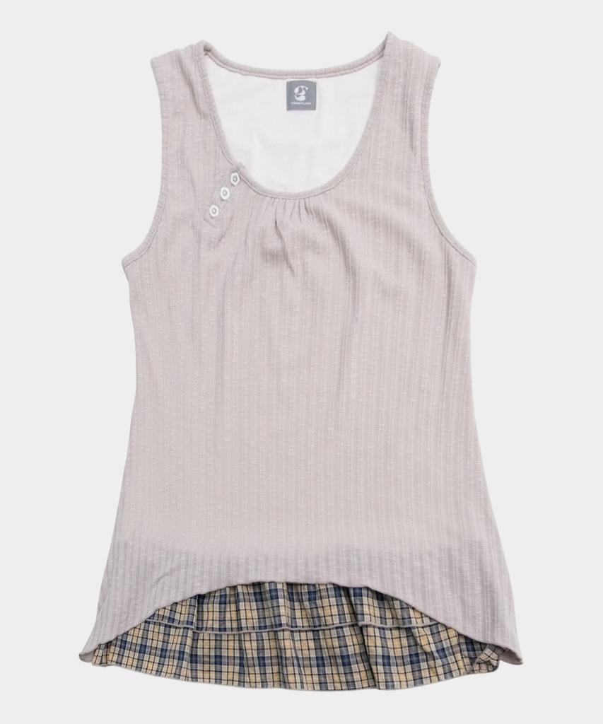 Some Place Check Layered Flower Snap Point Shirred Sleeveless Mini Flare Dress [Pink]