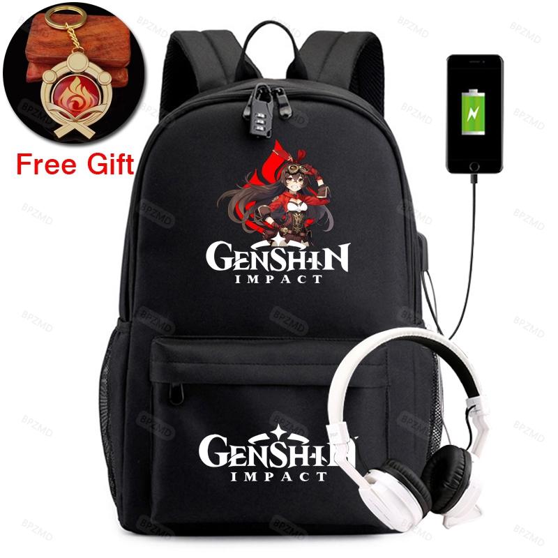 Рюкзак Genshin Impact, школьный парусиновый рюкзак для мальчиков и девочек, противоугонный USB-рюкзак, брелок для мужчин и женщин, дорожные сумки