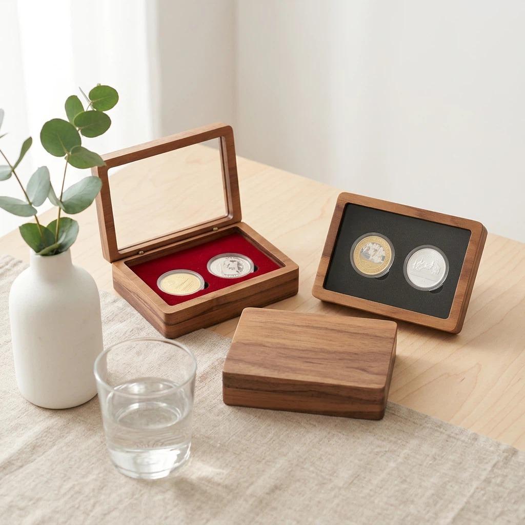 Premium Handmade Custom Engraved Portable Dustproof Solid Walnut Wooden Coin Box 2 Slot Storage Case for Collectors & Souvenirs