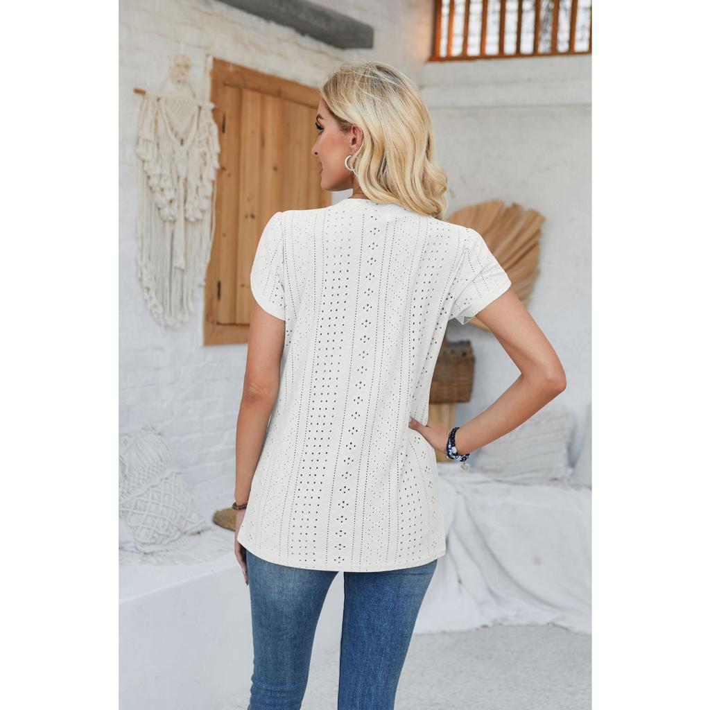 GMXIA Женская футболка весна-лето с V-образным вырезом, пуговицами, рукавами-лепестками, однотонная футболка