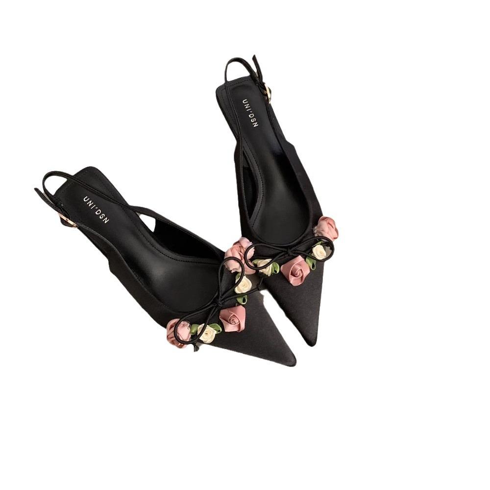 Французская красивая летняя 2024 новая сумка с цветочным атласным темпераментом, голова пустая, слово с сандалиями на тонком каблуке женские