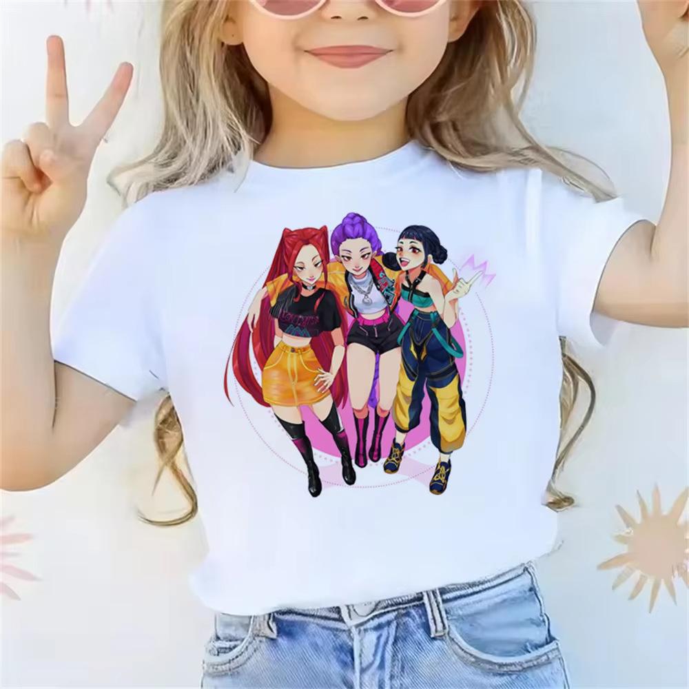 Boys' and Girls' Demon Hunter Girls Group Loose-Fit T-Shirt Summer Kids' Casual Round-Neck Short-Sleeve Top