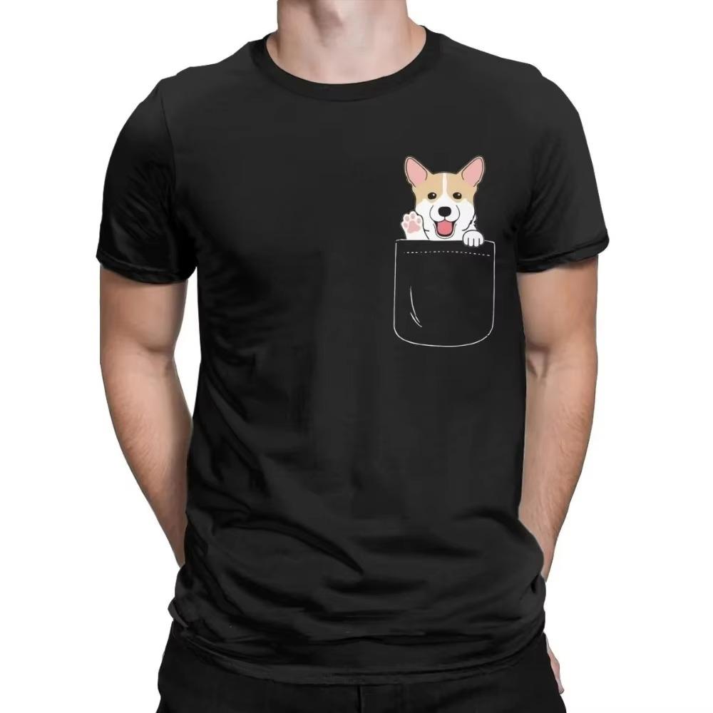 Corgi In Pocket Men T-Shirts Funny Animal Vintage Pure Cotton T Shirt O-neck Harajuku Tshirt Print Clothing Unisex Oversized Tee
