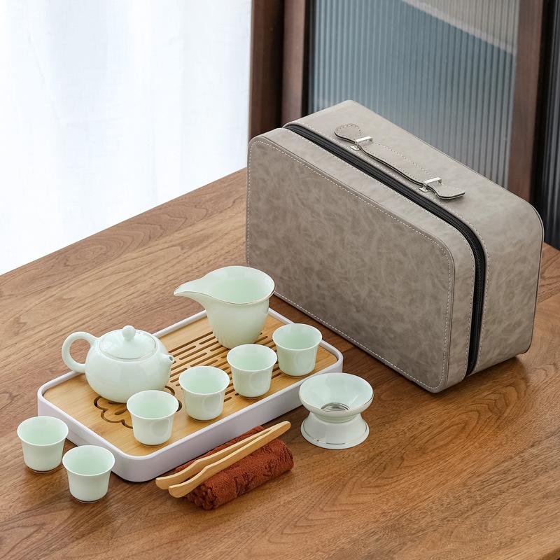 Suet jade shadow green travel tea set company bank business gift souvenir outdoor kung fu tea set