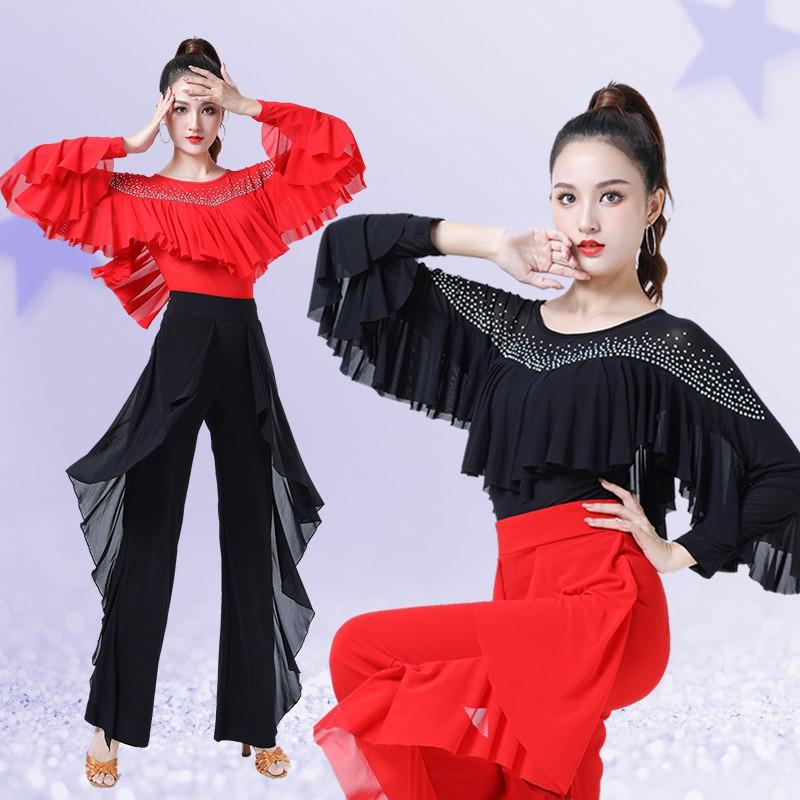 Womens Latin Dance Top With Rhinestone Trim Ruffled Hem Mesh Fabric Ballroom Square Practice