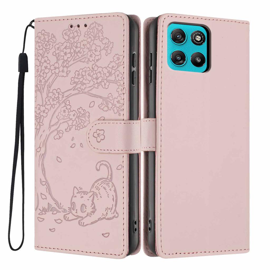 For Motorola Moto G67 Power 5G/G57 Power 5G Stand Case Tree-and-Cat Pattern PU Leather Wallet Protective Phone Cover with Wrist Strap