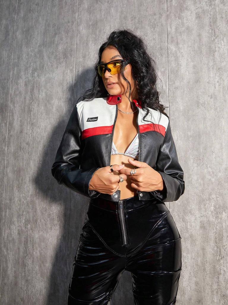 Rose Beauty A Bikercore Colorblock молния застежка укороченная искусственная кожа мотокуртка с заплатками