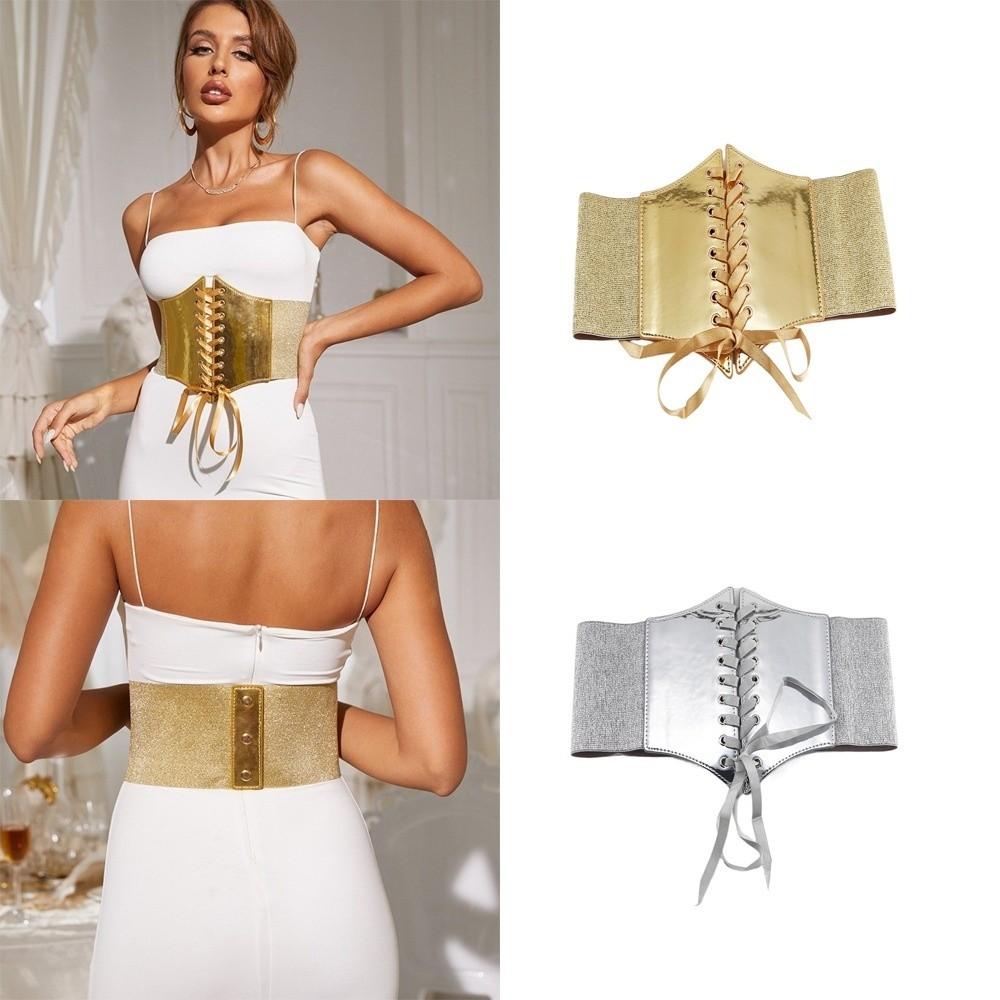 PU Leather Wide Belt Gold Silver Corset Belt Versatile Waist Strap for Women