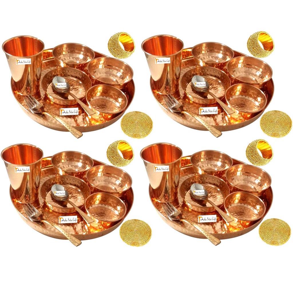 Prisha India Craft Set of 6 Traditional Indian Dinnerware Pure Copper Dinner Set of Thali Plate, Bowl, Spoon, Fork, Glass - Dia 12 Inch