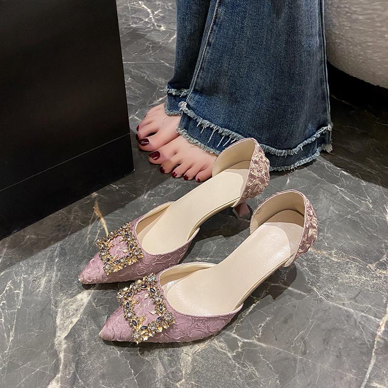 Мода 2025 Женские туфли-лодочки на высоком каблуке 6см/9см Остроносые Шпилька Низкий каблук Женская обувь Офисная леди Туфли со стразами Розовые каблуки Свадьба