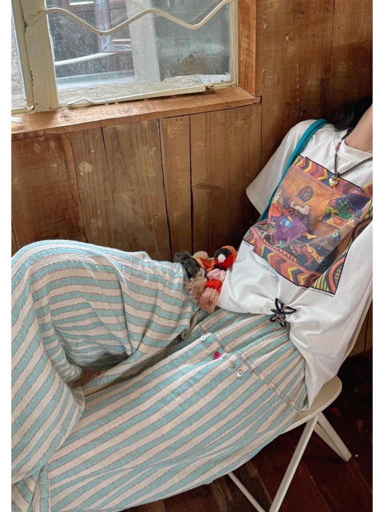 Women's Mint Green Striped Cotton Linen Wide-Leg Pants - New Casual Loose Fit