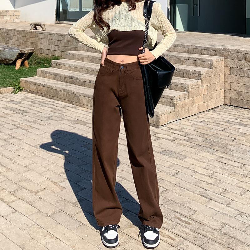 Коричневые джинсы женские с высокой талией мешковатые прямые широкие брюки повседневные джинсовые брюки винтажные Y2k Claothes уличная одежда больших размеров женская одежда