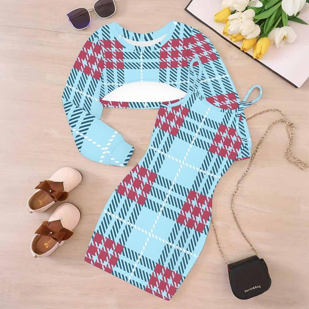 Girls Cartoon 2 Piece Outfits, Long Sleeve Crop Top + Spaghetti Strap Bodycon Dress, Pink Base Bow‑Star Print Party Dress Set