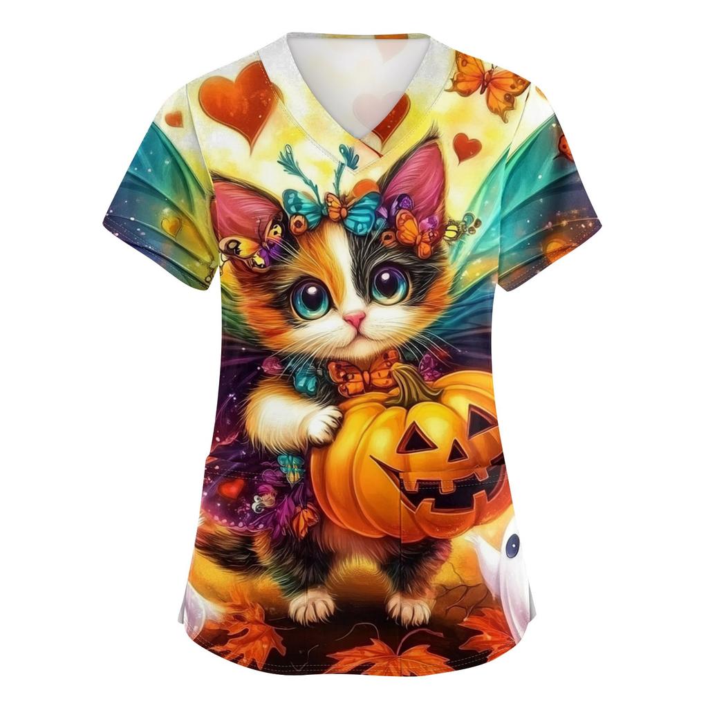 Женский топ защитного костюма с V-образным вырезом, с короткими рукавами, с принтом на Хэллоуин, с карманом и боковыми разрезами