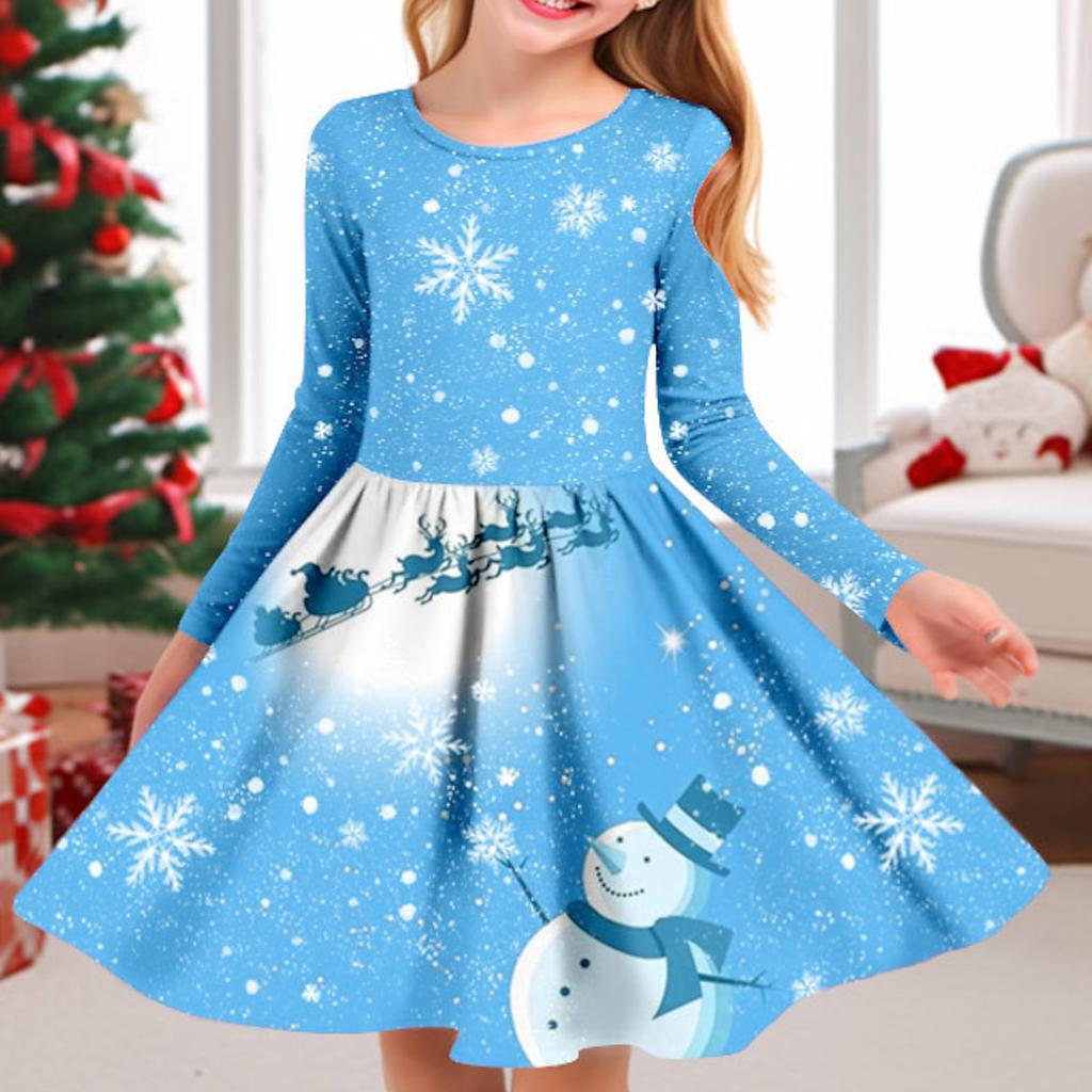 Весеннее повседневное розовое платье принцессы с объемным принтом для девочек и принтом снеговика, круглым вырезом и длинными рукавами, детское платье принцессы на Рождество