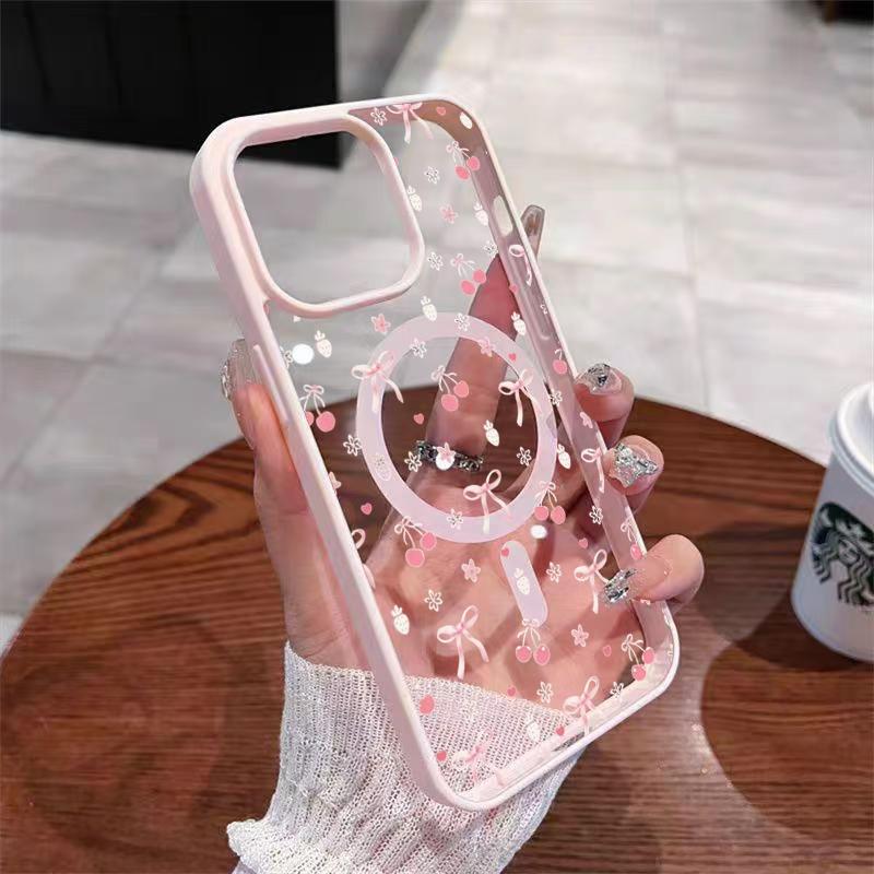 Для iPhone 17 Pro Max 16 15 14 13 12 11 Чехол Мультяшный Розовый Вишневый Маленький Бант Магнитная Крышка Для iPhone Air 17E 16E 16 Plus Fundas
