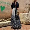 Women Maxi Skirt Bright Leaf Print Stitching Full Long Skirt Ruffled Elastic Waist Hem A-Line Casual