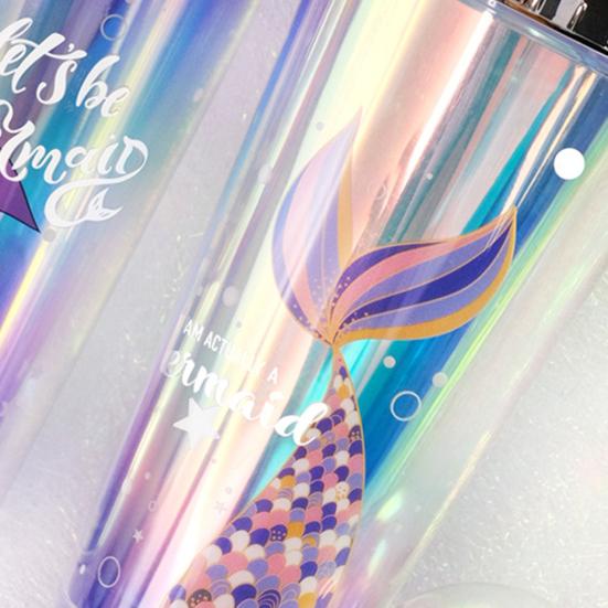 Стакан для воды 420 мл с соломинкой, двухстенный, с термоизоляцией, не содержит БФА, герметичный, пластиковый, с рисунком русалки, поильник для школы