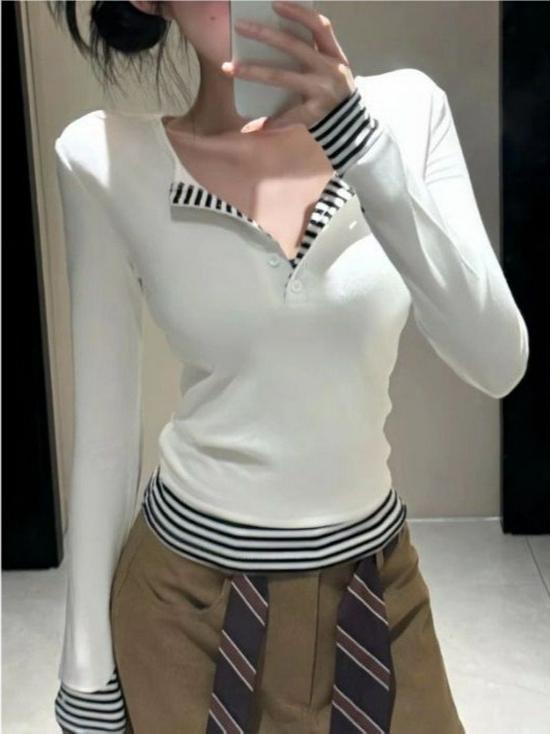 2025 Women's Autumn/Winter Striped Color Block Long-Sleeve Patchwork Two-in-One T-Shirt