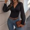 Women Tops V-Neck See-Through Lantern Long Sleeves Tee Shirt Solid Color Slim Fit Pullover Tops Daily