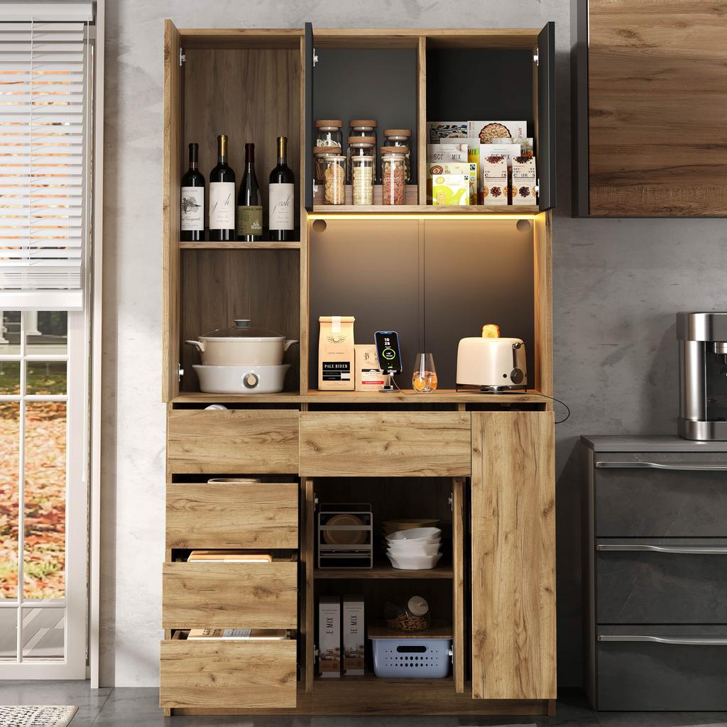 Kitchen Cabinet with 4-Tier Vertical Pull-Out Spice Rack, Adjustable Shelves, LED Lighting with Remote Control and Socket, 185 × 105 × 40 cm.