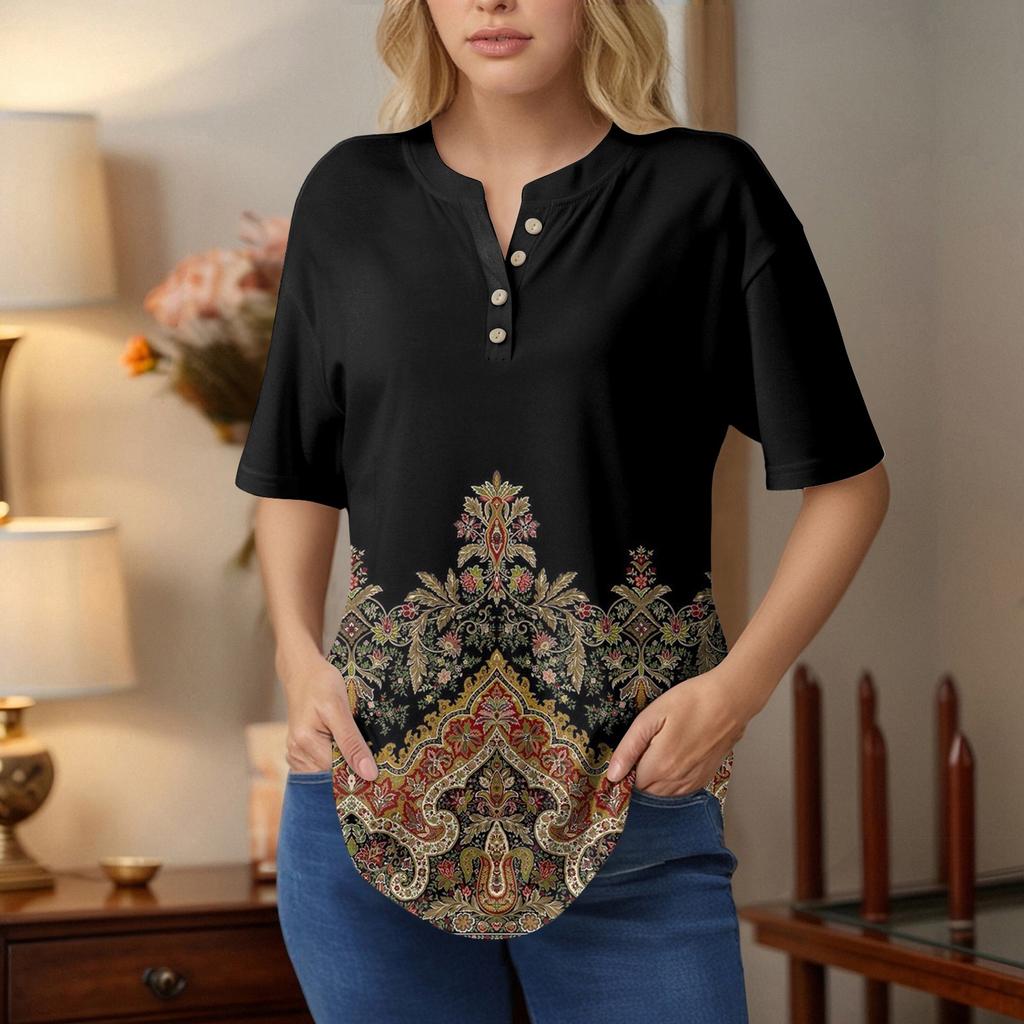 Short Sleeve Womens Tops Summer T-Shirts Floral Print V Neck Casual Basic Tee Button Shirts Tunic Tops