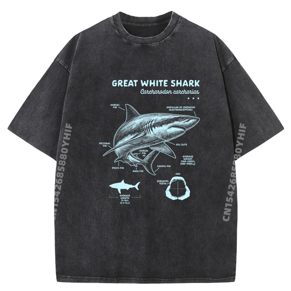 Great White Shark Lover Ocean Great White Shark Anatomy Plus Size Men Clothing Graphic Tees Soft Washed Shirt