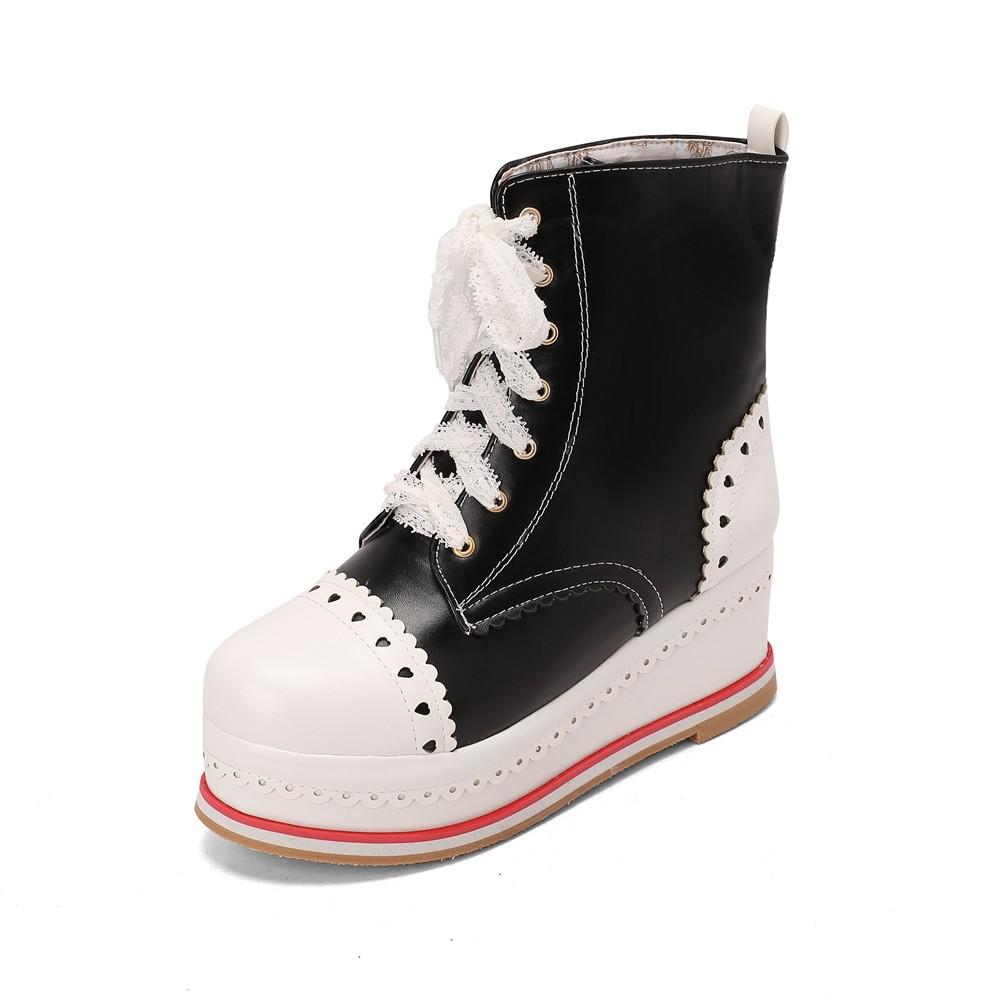 Lolita Style Sweet Girls Shoes Lace Up Platform Hidden Heels Wedges Princess Shoes Women Brock Ankle Boots Pink Plus Size 34-48