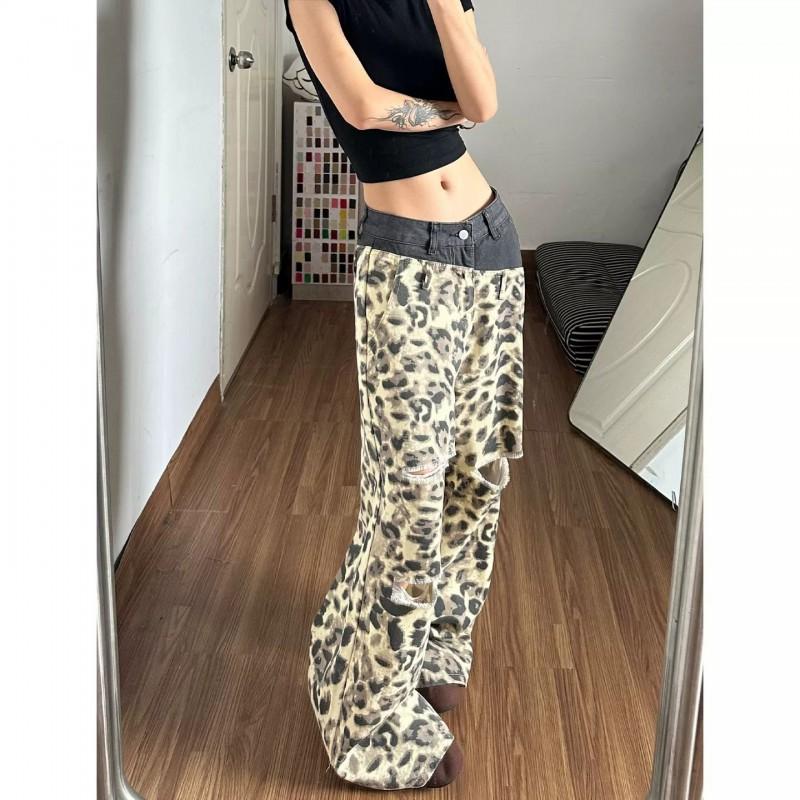 Womens 2026 Loose Double Waistband Wide Leg Denim Jeans Vintage Leopard Print Distressed Trousers