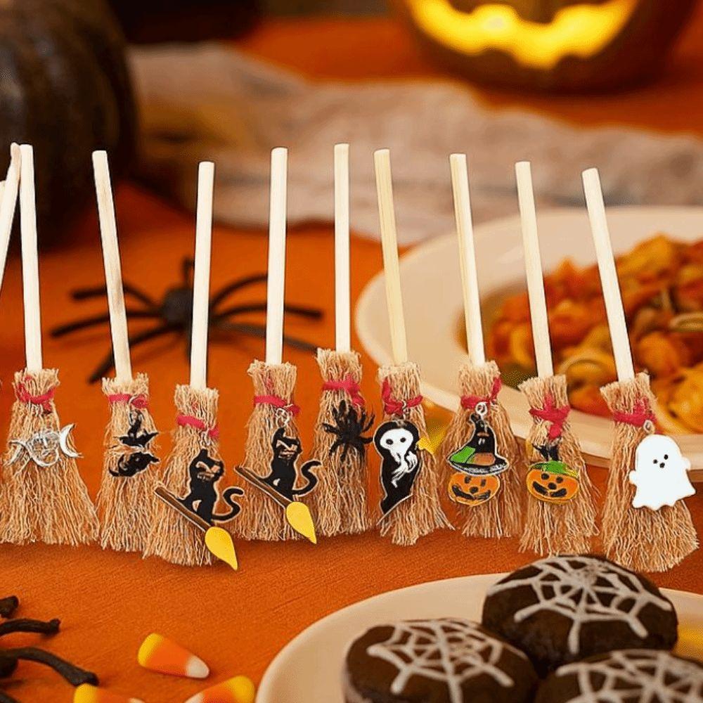 Accessories 10cm Halloween Broom Spider Ghost Hat Black Cat Mini Broom Pendant Wooden Red Rope Broom Car Pendant