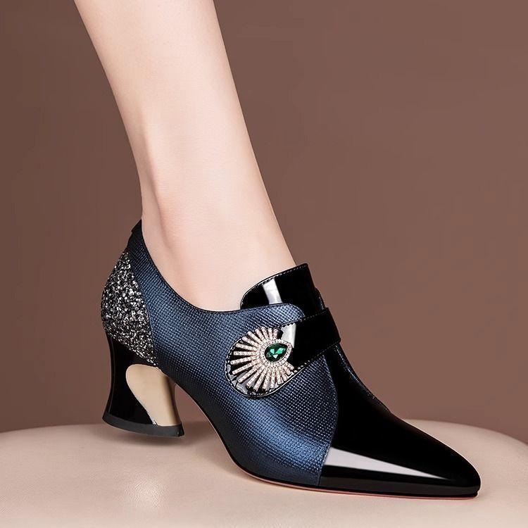 Rhinestone Soft Leather Middle Heel Deep Mouth Single Shoes Women'S Thick Heel Color Matching Pointed Women'S Leather Shoes Side Zipper Mom Shoes