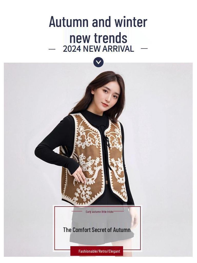 Ретро вельветовый жилет из овчины с тяжелой вышивкой и подплечниками - европейский и американский стиль