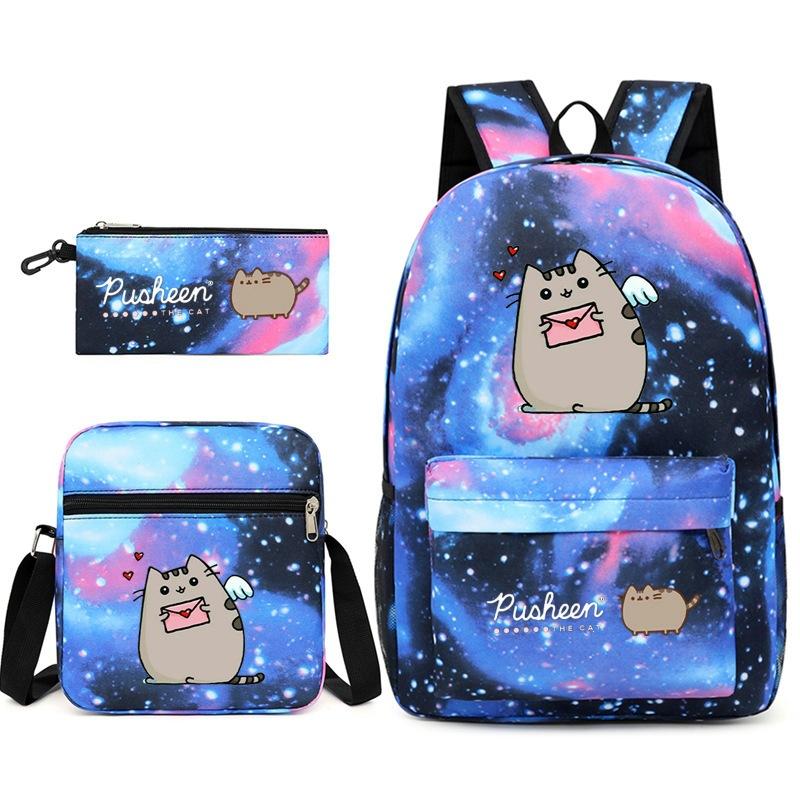 Pusheen Толстый кот Цзи Трехсекционный Школьный рюкзак Повседневный Рюкзак для Учеников Мужского и Женского Пола С принтом Большая Вместимость Наружный Рюкзак