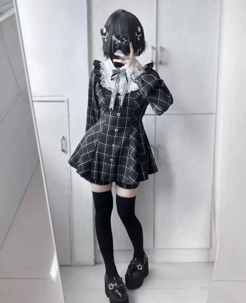 Harajuku Sweet Bow Black Plaid Dresses All-match Slim Fit Kawaii Lolita Dress for Women Autumn New Long Sleeve Vestidos De Mujer