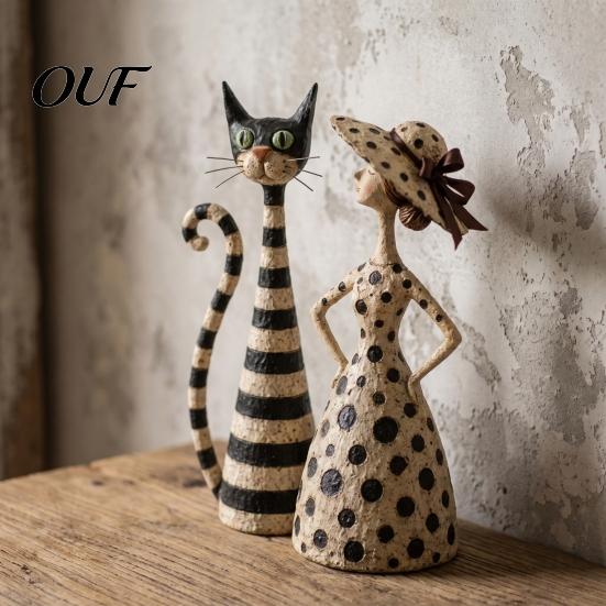 Artistic Home Accessories Vintage Polka Dot Dress Lady/Striped Cat Figurine, Retro Resin Desktop Ornament Handmade Figurine for Decor, Hand