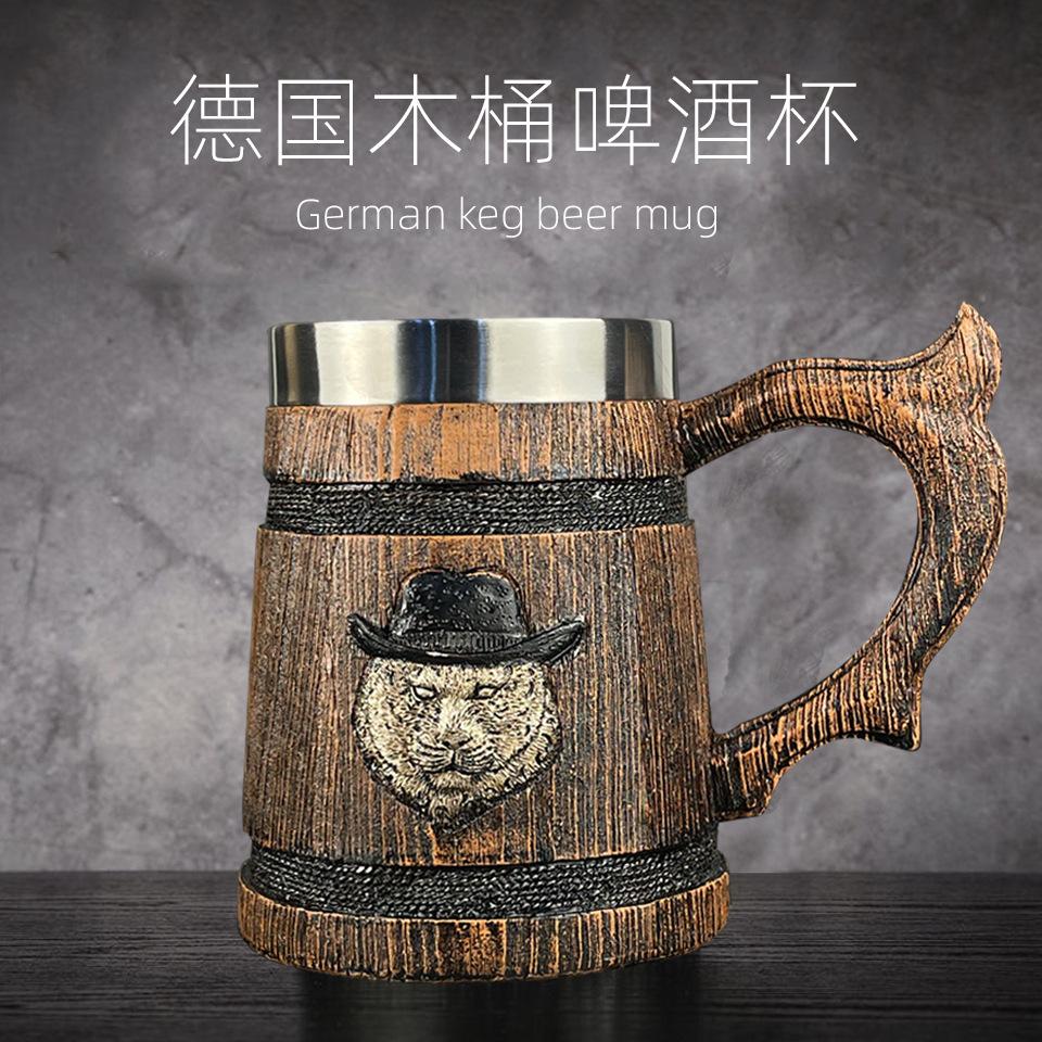 580ml Lion Tiger Wooden Barrel Drinking Cup 3D Stainless Steel Mug Resin Beer Stein Tankard Coffee Tea Cup Halloween Gift Bar