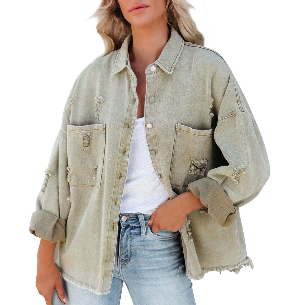 Женская модная повседневная однотонная джинсовая куртка с длинным рукавом