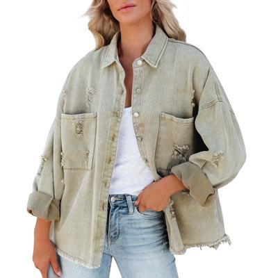 Женская модная повседневная однотонная джинсовая куртка с длинным рукавом